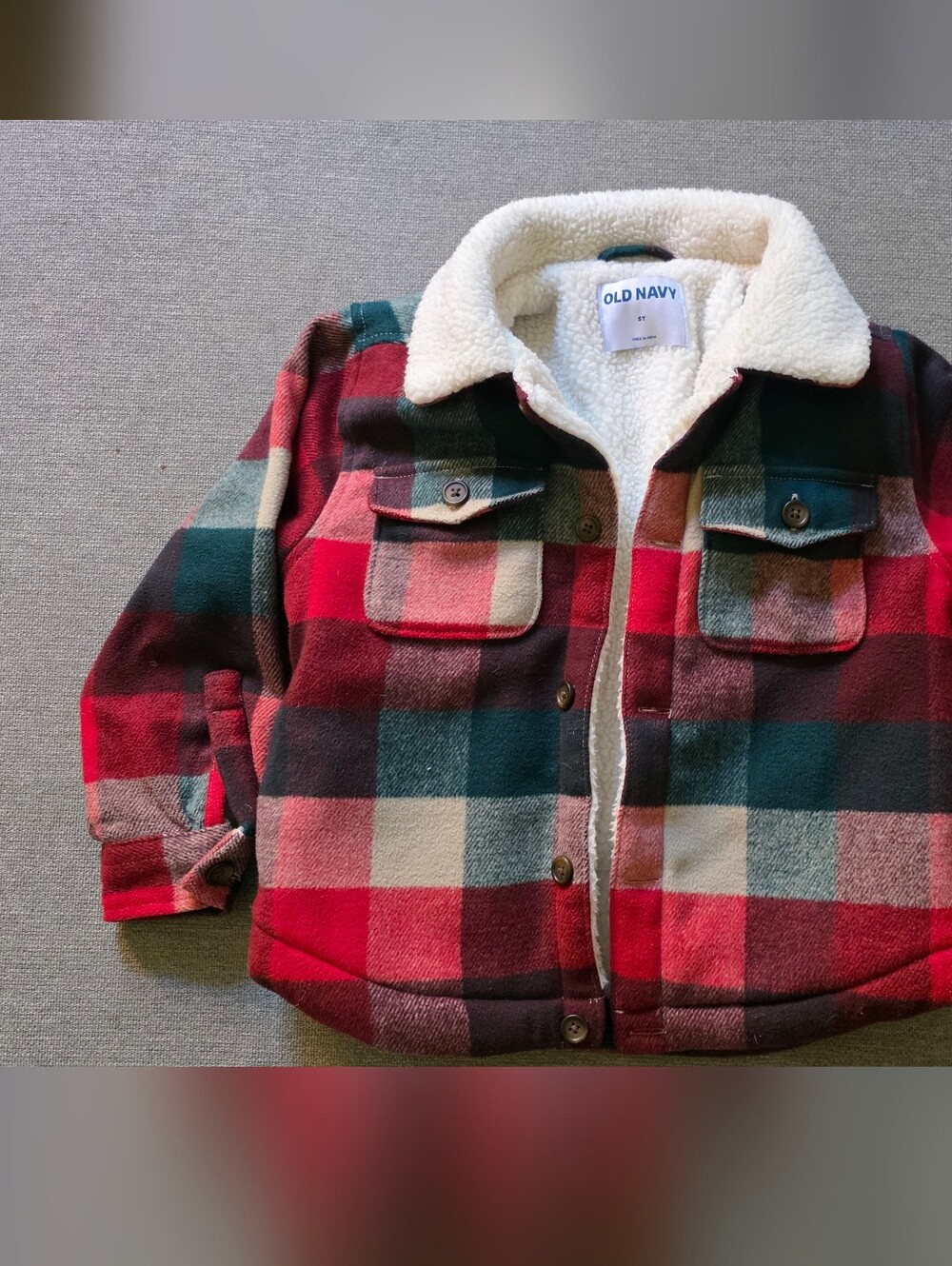Old Navy Sherpa-Lined Plaid Jacket in Red, Green & Cream